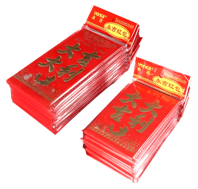 Red envelope packaging bags made of PP material, featuring printed "Good Luck" red packets in sealed plastic sleeves for Spring Festival