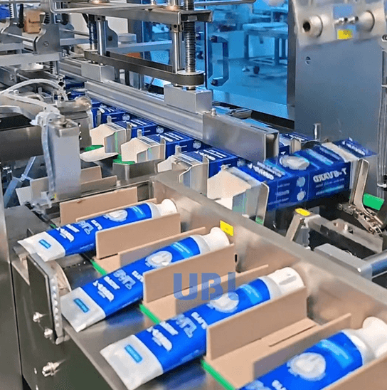 UBL automatic high-speed cartoning machine packaging toothpaste into boxes for the daily chemical industry.