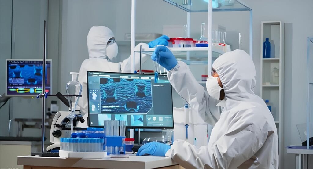 Pharmaceutical cartoning machine compliance lab: Scientists in cleanroom suits test GMP-compliant packaging equipment for pharmaceutical cartoning, ensuring FDA and EU GMP regulatory standards for drug packaging.